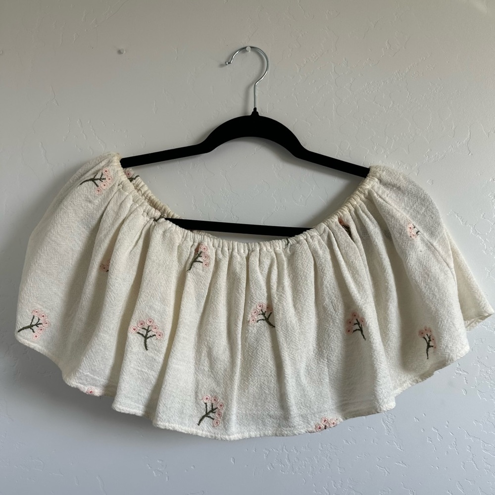 Zara White Floral Embroidered Off The Shoulder Crop Top